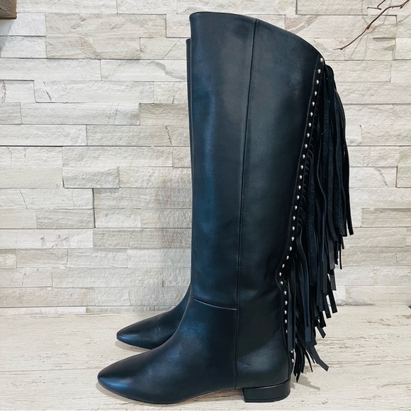 Saint Laurent Dana Black Leather Fringe Studded Knee High Boots Size 35 $1890 - Picture 8 of 15